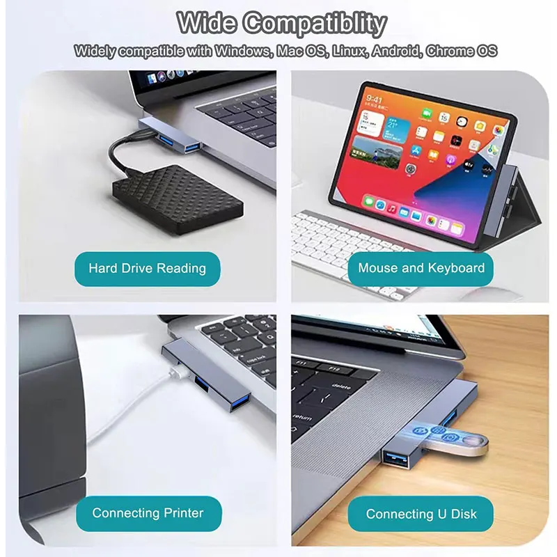 USB Hub, 3-Port Aluminum USB Hub with USB 2.0 Port and USB 3.0 Port, USB Splitter, USB Extender for Laptop, PC, Flash Drive, HDD - 6