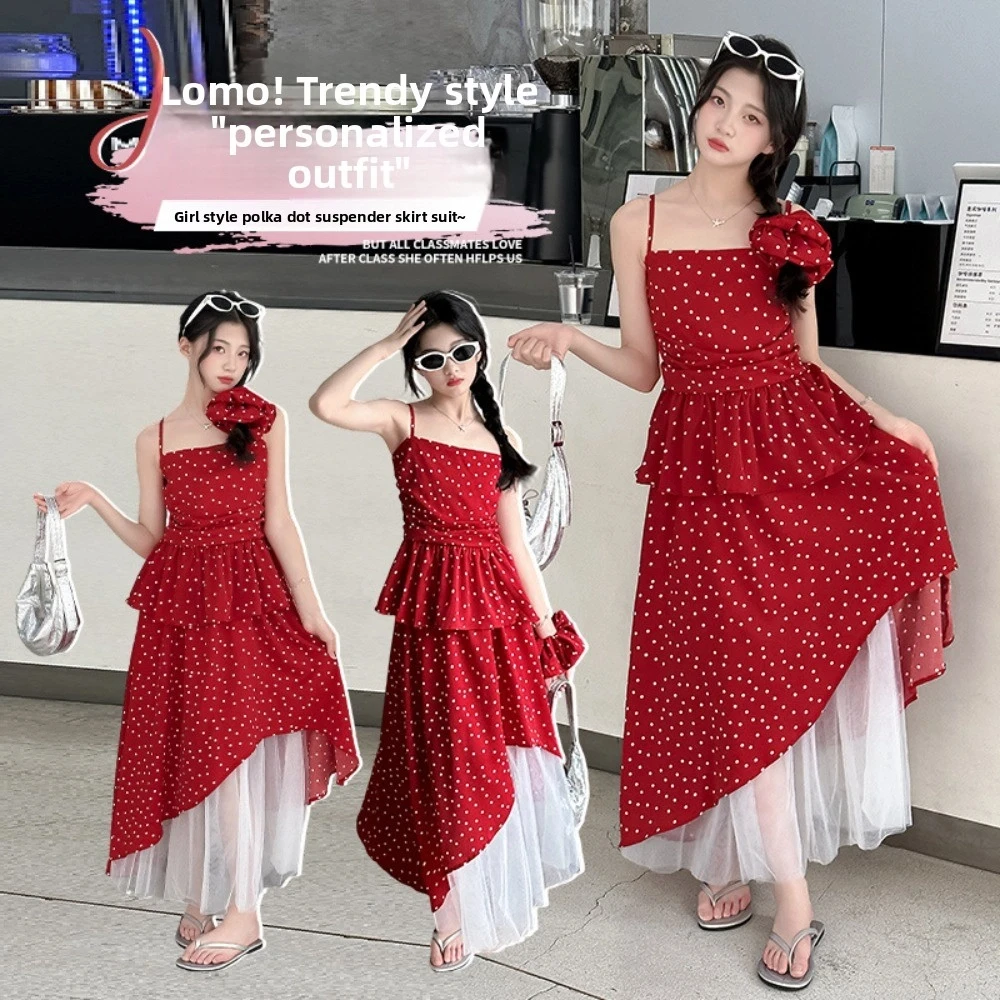 Red Polka Dot Kids Ruffles Dot Dress Ruffled Sleeveless Long Girls Suspenders Skirt Camisole Top Loose Children Red Dress Party