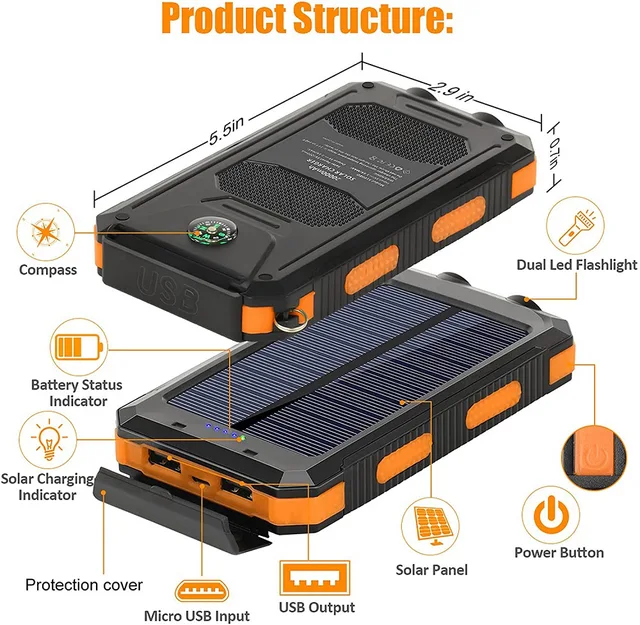 20000mAh Solar Power Bank With LED Flashlights Outdoor Travel External Battery For Mobile Phone Portable Charger Large Capacity 2