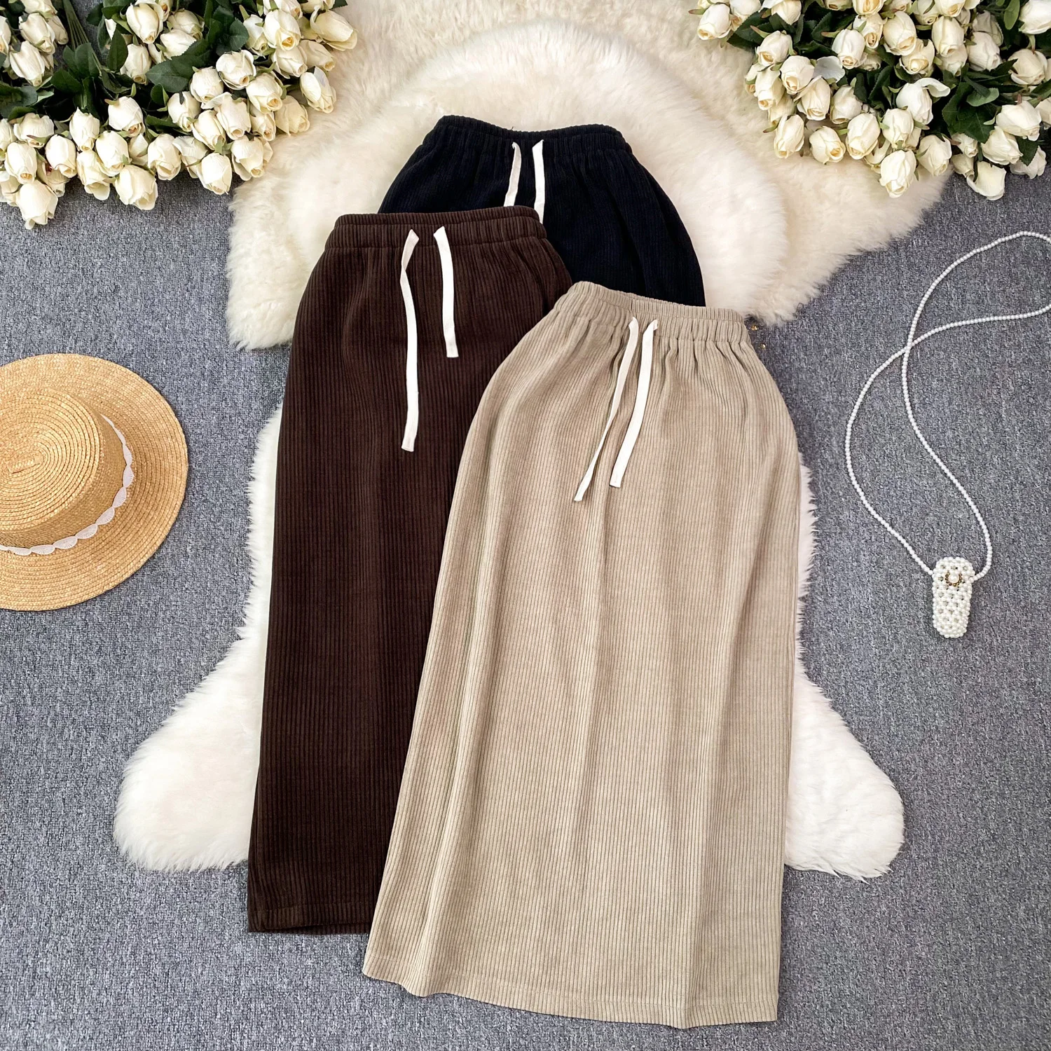 

Women Chic Solid Elegant Elastic Slim Sexy Knit Skirt High Waist Fashion Vintage Autumn Hip Wrap Split Full Skirt
