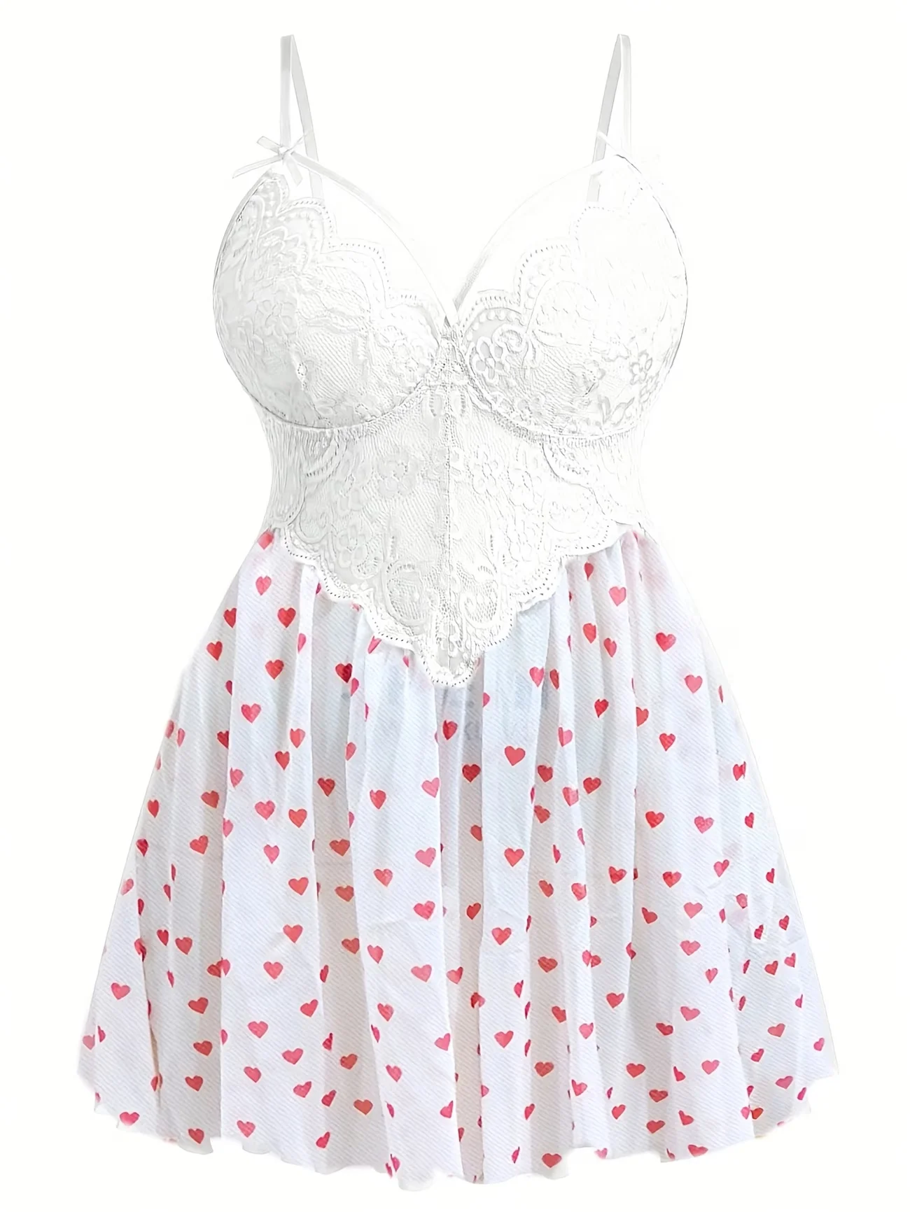 Valentine lingerie look with lace bodice, spaghetti straps, and romantic styling
