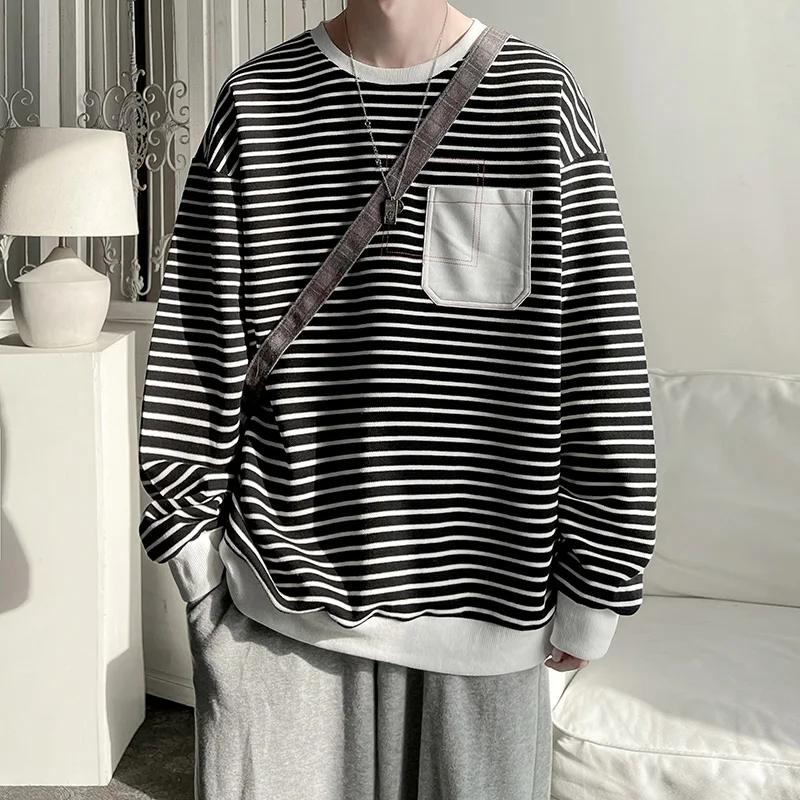 Fashion O-Neck Spliced Korean Striped Sweatshirts Men's Clothing 2024 Spring Summer New Loose Casual Tops All-match Sweatshirts
