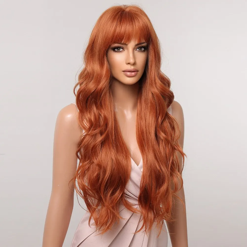 Parrucche sintetiche ricce allo zenzero per le donne Parrucche arancioni lunghe e ondulate naturali con frangia piatta Parrucca colorata resistente al calore per feste_voghion.com