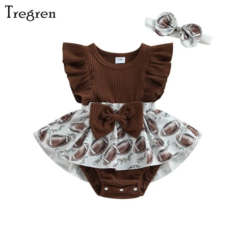 

Tregren 0-12M Newborn Infant Baby Girl 2Pcs Summer Outfits Ruffle Sleeve Bow Front Football Print Romper with Headband Set