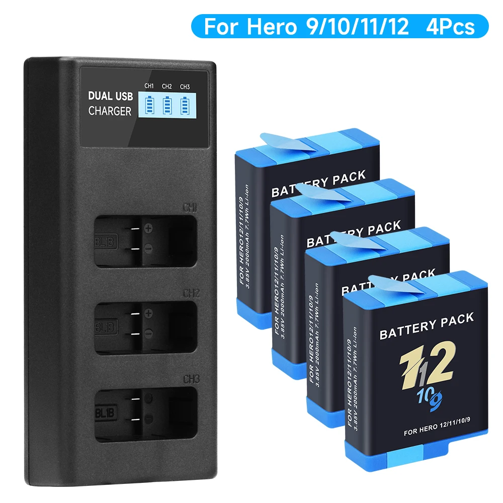 Ahdbt-901 Batteria Per Gopro Hero 10 + Lcd Caricabatterie A 3 Slot Per Gopro Hero 9 Go Pro 10 Hero 11 12 Fotocamere Sportive Accessori Neri