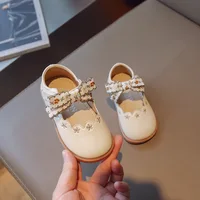 Girls' princess shoes 2024 spring new soft soled non-slip baby leather shoes for young children breathable with bow shoes 2