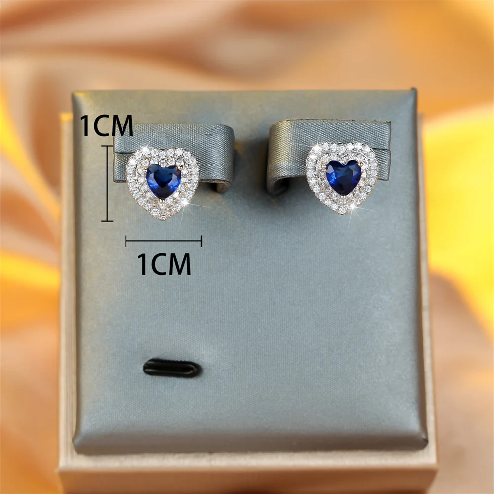 Blue Green Love Heart Stone White Zircon Stud Earrings For Women Vintage Silver Color Wedding Earring Valentine Jewelry Gifts