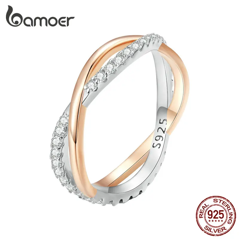 Bamoer 925 Sterling Silver Bicolore Twist Eternity Ring Doppio Strato Croce Anello Per Le Donne Placcato Oro Rosa Zircone Gioielleria Raffinata