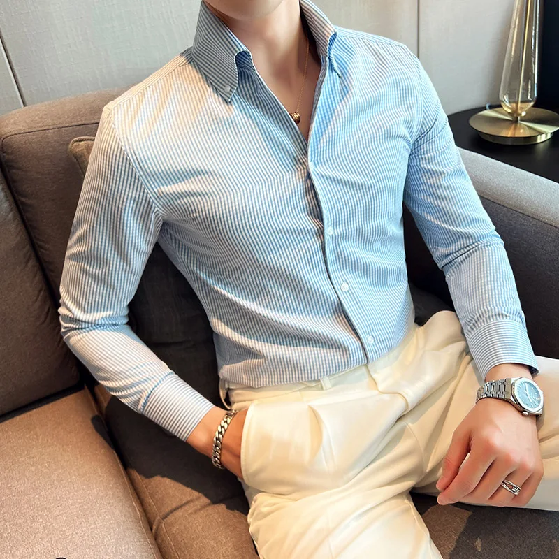 Men Casual Shirts Long Sleeve Blouse Mens Slim Fit Shirts Social Korean Stylish Blue Plaid No Iron Mens Camisa Masculina 2024