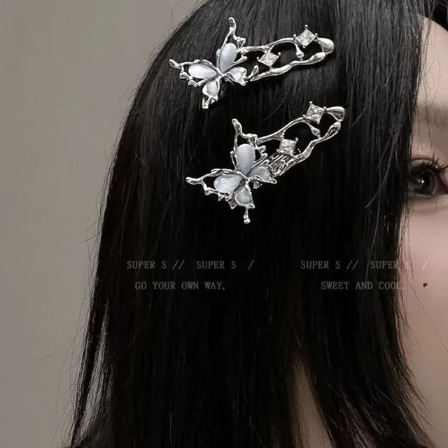 Y2K Irregular Liquid Metal Hairpin Butterfly Zircon Hair Clips Girl Bang Clip for Women Hair Accessories Fashion Silver Blue New