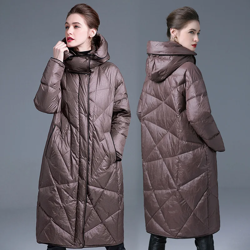 

Winter new white duck down 90% down jacket women's mid-length over the knee loose thick cocoon zipper hooded winter jacket coat
