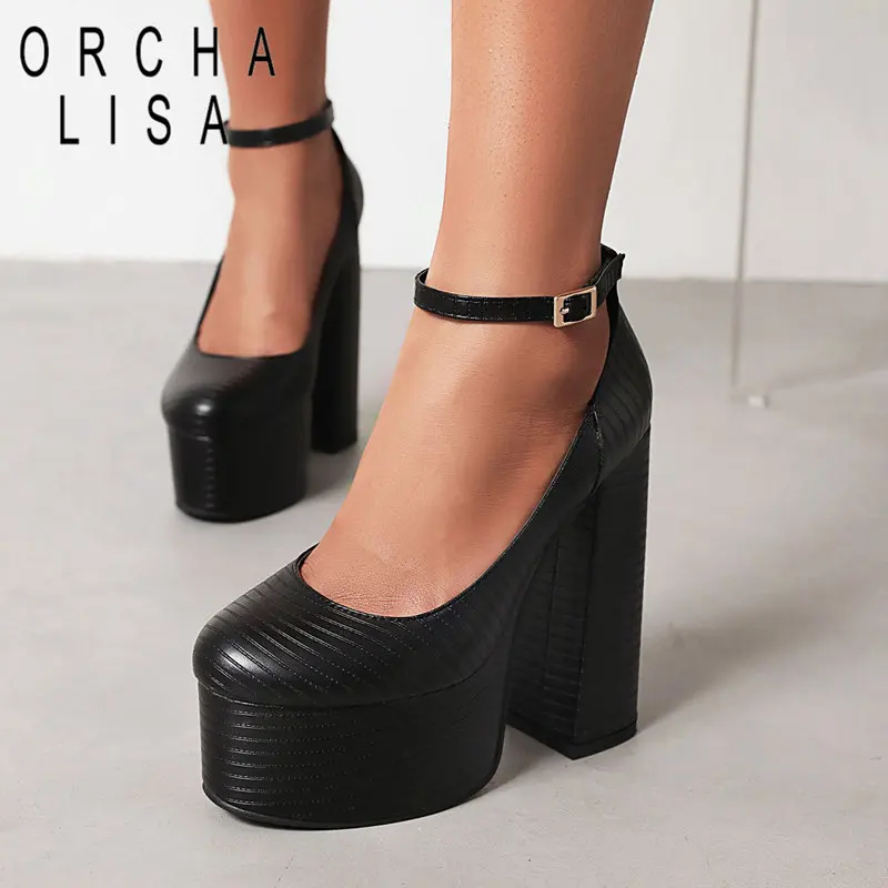 

ORCHA LISA Design Female Pumps Chunky Heels 14.5cm Platform 4.5cm Buckle Strap Striped Sexy Party Women Shoes Plus Size 41 42 43