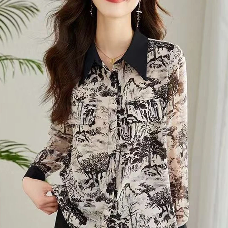 Autumn Chinese Style Shirt Women Chic Office Lady All Match Natural Scenery Long Sleeve Pocket Turn Down Collar Drape Print Top