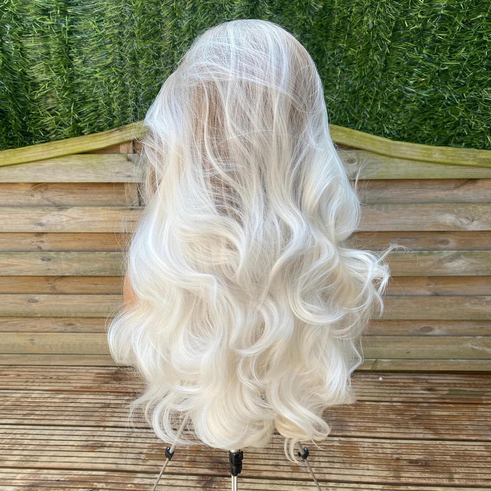 Thick Long Ombr&eacute; Lace Front Wig Icy White Blonde with Ash Brown Roots Synthetic Hair Heat Resistant 28" Women Wavy Daily Use lace frontal wig synthetic blend wigs