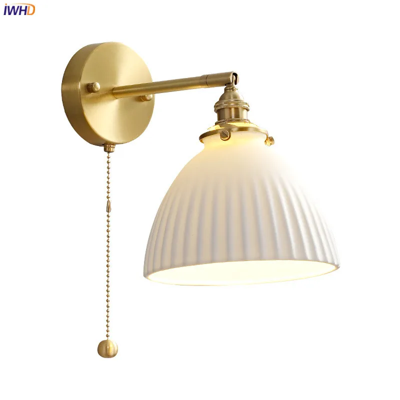 Iwhd Nordic Modern Edison Applique Da Parete Lampada Pull Chain Switch Camera Da Letto Bagno Specchio Luce Rame Ceramica Lampada Da Parete Luminaria L