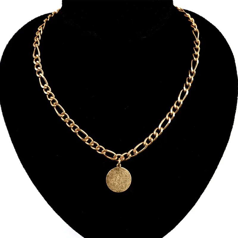 thumbnail image 1 of Collar con colgante de moneda tallada para mujer, cadena de acero inoxidable, medallón de color dorado, gargantilla larga, cadena geométrica redonda de una pieza para hombre, 1 of 5