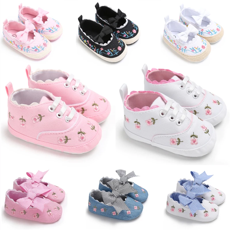 

Newborn Baby Girls Shoes White Pink Floral Embroidered Soft Soles Shoes Prewalker Walking Toddler Casual Kids Shoes 0-18Months