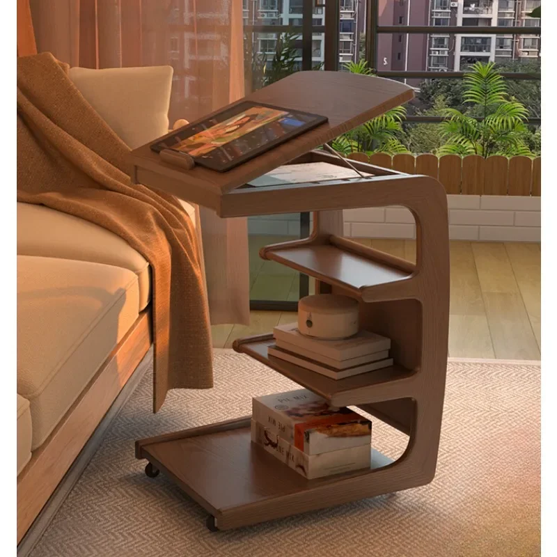 Solid Wood Sofa Side Table Movable Living Room with Wheels Side Cabinet Bedside Supporter Household Coffee Table Small