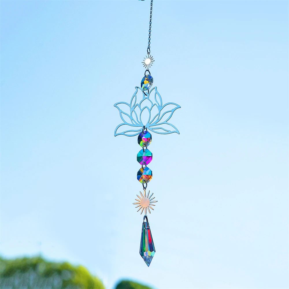 Wind Chime 1Pc Metal Lotus and Artificial Crystal Suncatcher Charm Handmade for Home Outdoor