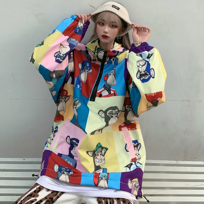 Colorful Anime Puffer Hooded Jackets for Women Fashion Trends Casual Clothing Teenage Girls Oversized Streetwear Pullover Coats