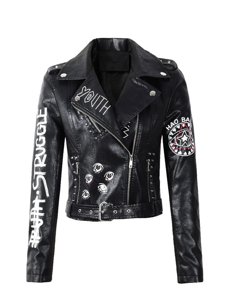Ailegogo Streetwear Women Slim Fit Graffit Print Short Pu Fuax Leather Jacket Moto Biker Female Zipper Belt Coat Chic Outwear