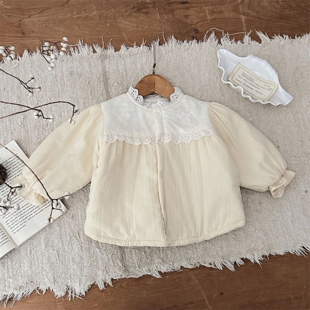 Baby Clothing Embroidery Lace Warm Coat Winter New Girl Baby Princess Style Sweet Cute All Match Cotton Padded Jacket