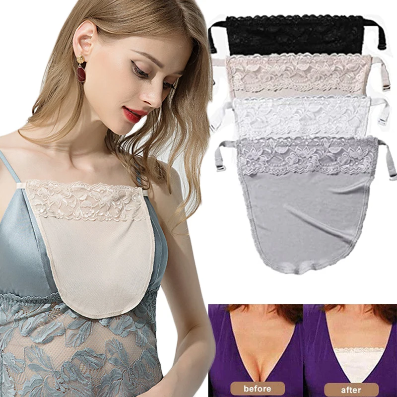 Camisole Bra Women Summer Clip-On Floral Black White Lace Mock Insert Cleavage Cover Overlay Panel Vest Wrapped Chest Bandeau