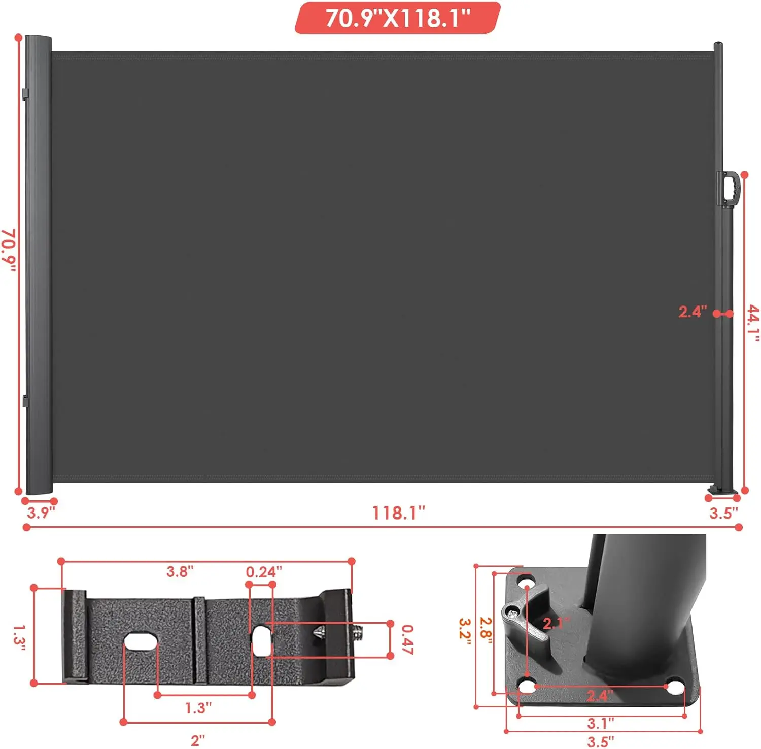 Retractable Side Awning,Patio Privacy Screen for Garden, Balcony, Courtyard,UV Resistant, Waterproof,Dark Grey, 118.1" x 70.9"
