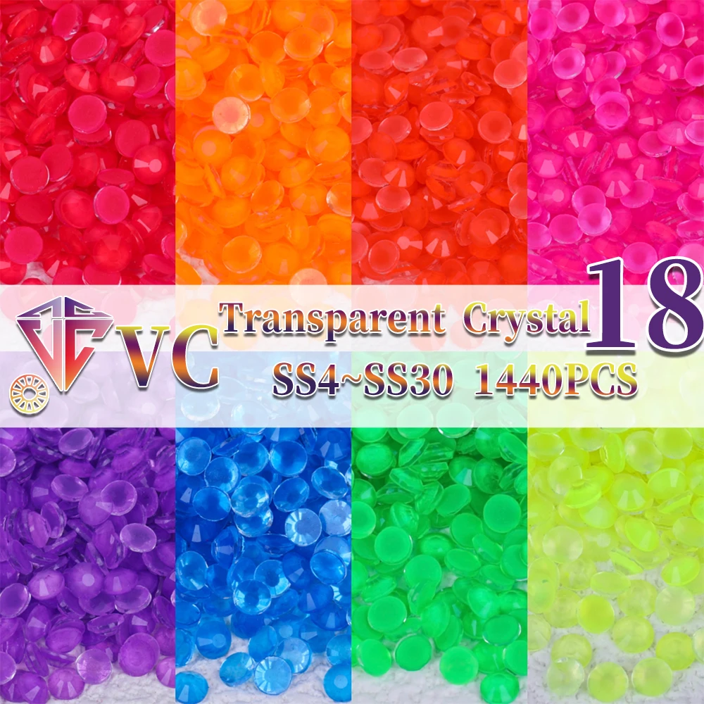 

VC Glass Transparent Fluorescence Crystal Neon Non Hot Fix Rhinestones FlatBack Strass Fabric Garment Nail Art Decorations