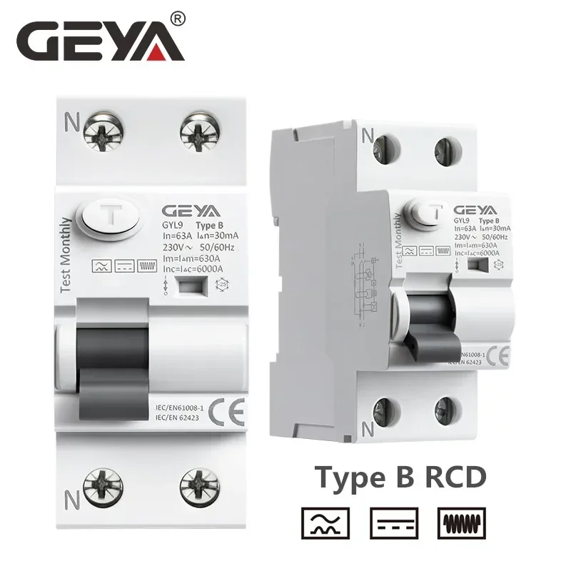 

GEYA B Type RCCB Residual Current Circuit Breaker DC ELCB 2P 4P 40A 63Amp 30mA 100mA 300mA Type B 6KA RCD