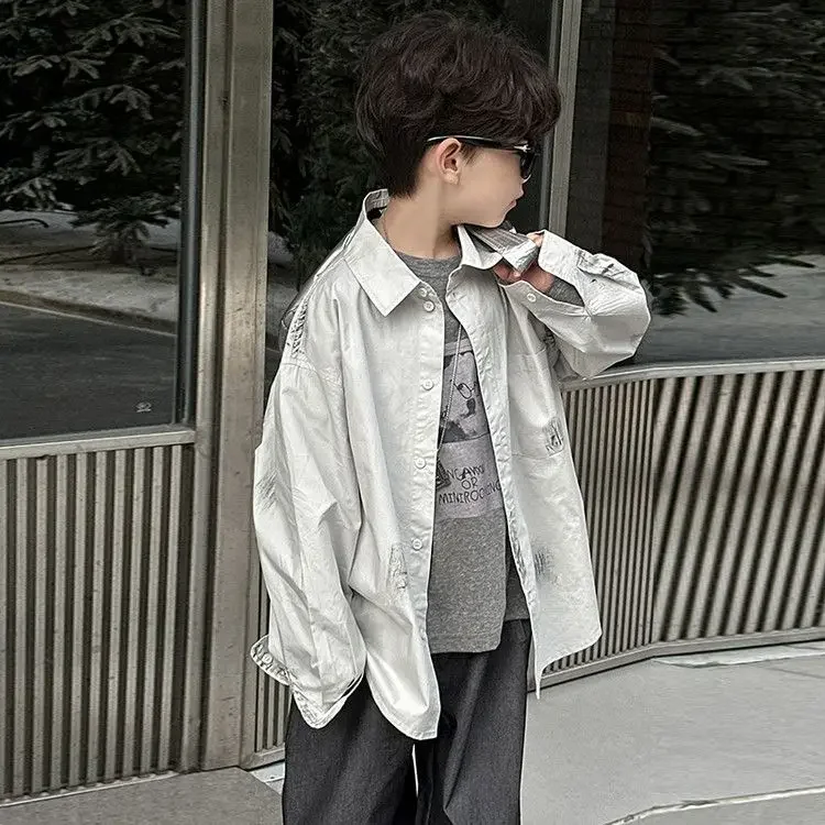 Cool Black Retro Denim Jacket for Boys Autumn Winter Fashionable Children's Shirt Baby Stylish Top Crew Neck