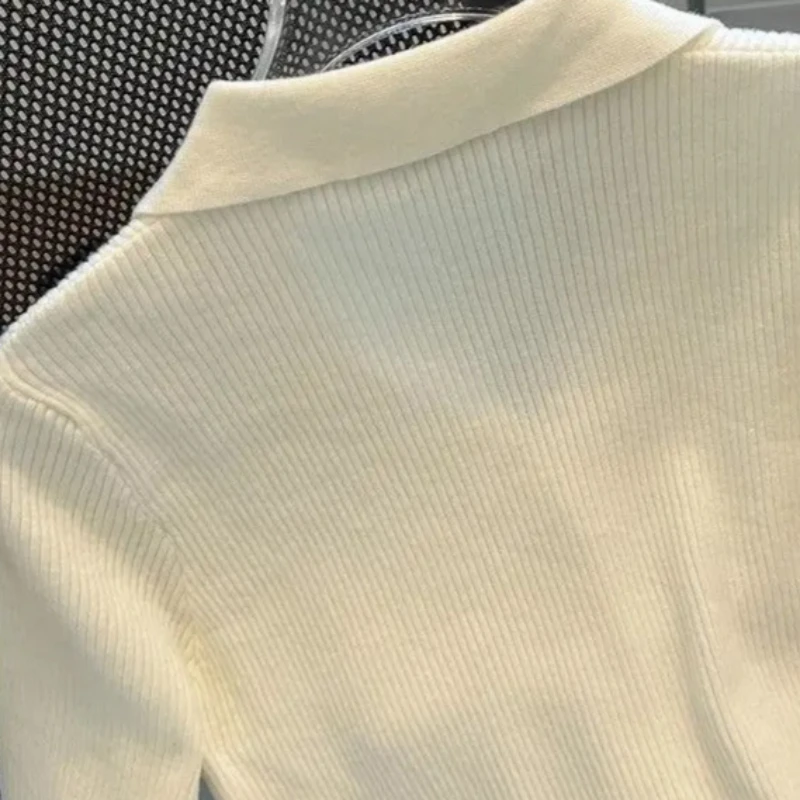 T-shirt da donna in maglia a costine con colletto polo, colore bianco crema, a maniche corte, elasticizzata, leggera, slim fit, per tutti i giorni, estiva, casual - immagine 5