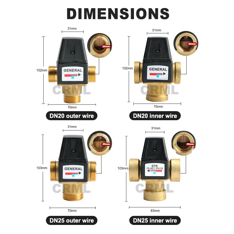3 Way Thermostatic Mixer Valve DN20/25 Female/Male Thread Brass Thermostatic for 3/4" 1" Solar Water Heater Thread Mixing Valve