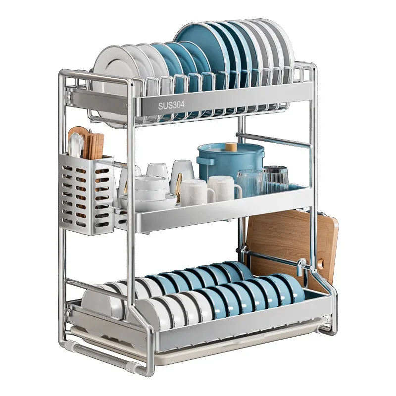 304 Stainless steel dish storage rack Drain water Kitchen multifunctional bowl and plate holder organizer 5