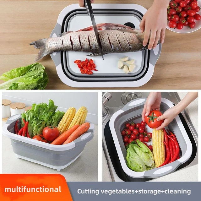 Bassin de cuisine multifonctionnel pliable avec planche à découper,  égouttoir, idéal pour un usage domestique comme légumes, fruits, livres,  panier d'évier - AliExpress