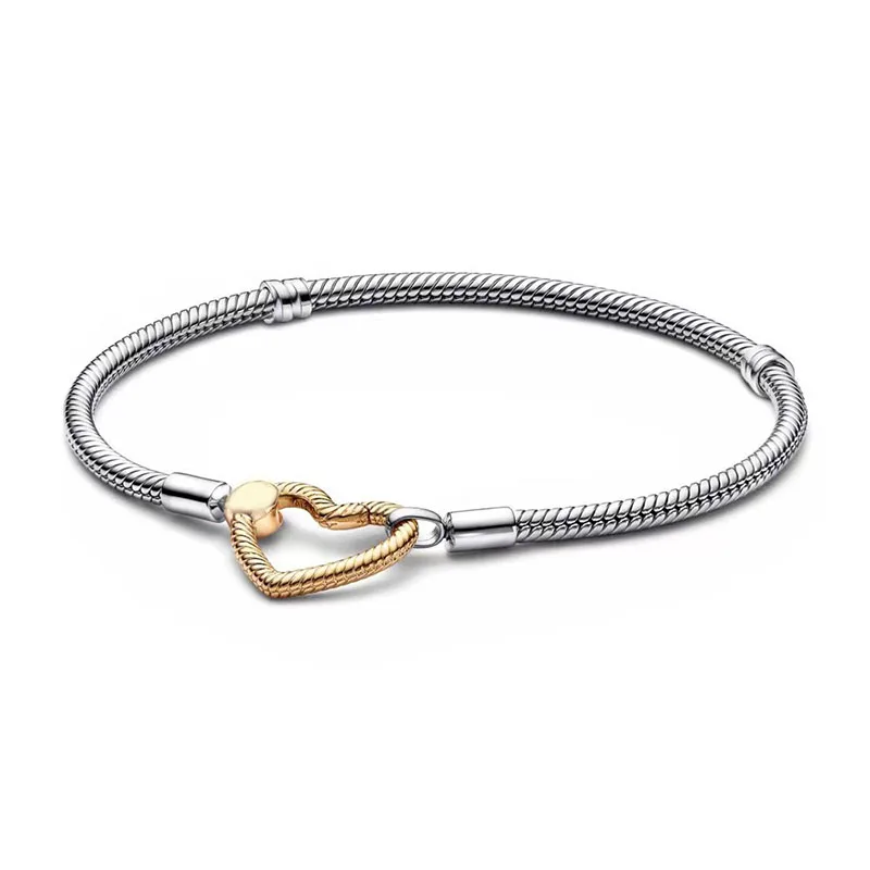 New 925 Sterling Silver O Chain Buckle Snake Bone Chain T Buckle Double Color Bracelet fit Original Charm Beads DIY Making