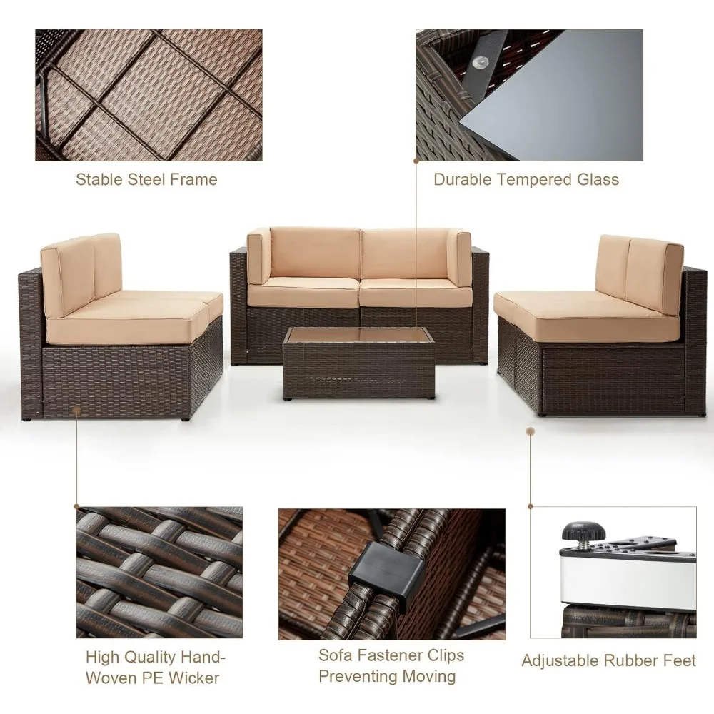 7 Piece Outdoor Patio Furniture Set, PE Rattan Wicker Sofa Set, Outdoor Sectional Furniture Chair Set with Cushions , Brown 2