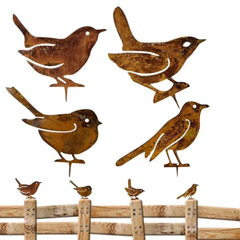

4pcs Rusty Metal Bird Figurines Garden Fence Decor Standing Bird Yard Art Sculpture Metal Bird Art Outdoor Bird Decor Supply