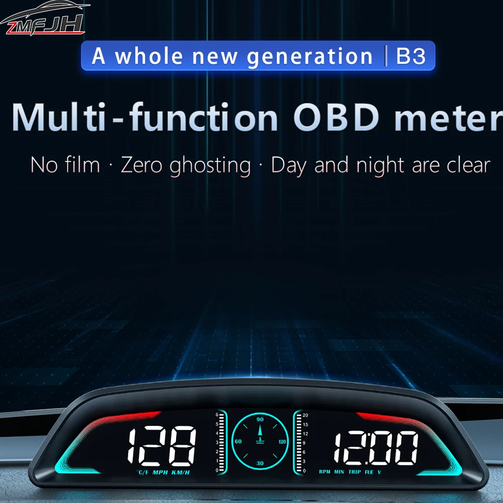 Car OBD HUD B3 Head Up Display Digital Speedometer Overspeed Alarm Clock RPM Voltage Water Temperature Multifunctional Display