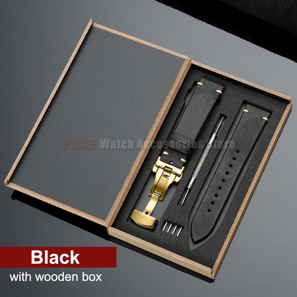Elegant Genuine Leather Watch Band with Wooden Box & Butterfly Clasp Bracelet