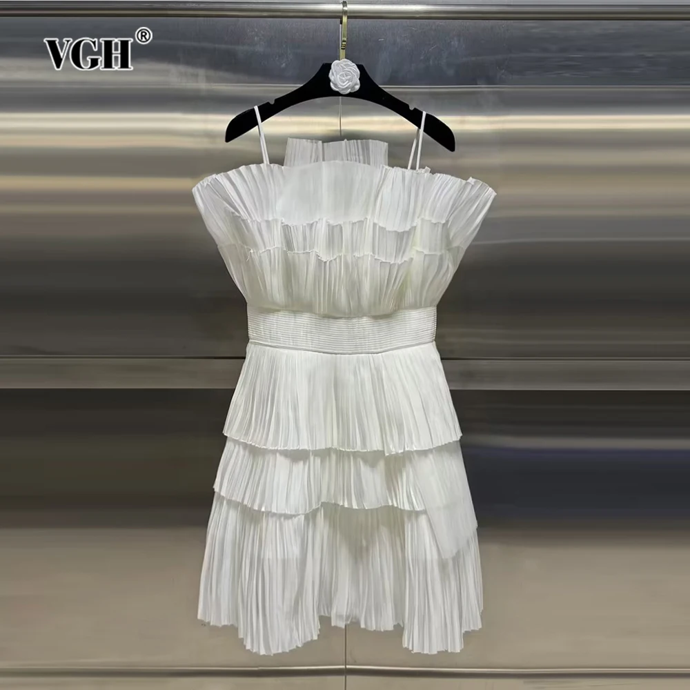 

VGH Elegant Solid Fold Dresses For Women Strapless Sleeveless Backless High Waist Temperament Slimming Mini Dress Female Style