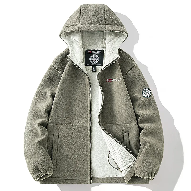 

Autumn Winter Foreign Trade Jacket Men's Velvet Padded Thickened Coat Fleece Sweater Live Broadcast Embroidery Hooded Warm Top