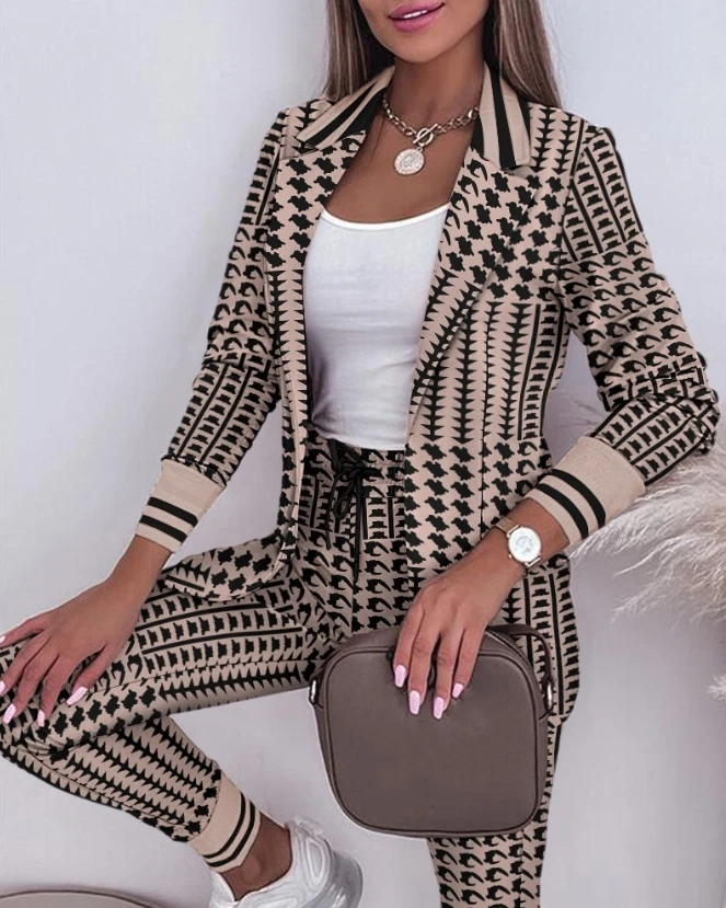 Striped Split Collar Suit Coat and Drawstring Pants Set Latest 2023 Fashion Women's Hot Selling Simple, Proud, and Generous