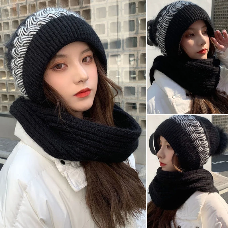 WinterThickWarmFleeceLinedBeaniesScarfSetWomenGirlPompom