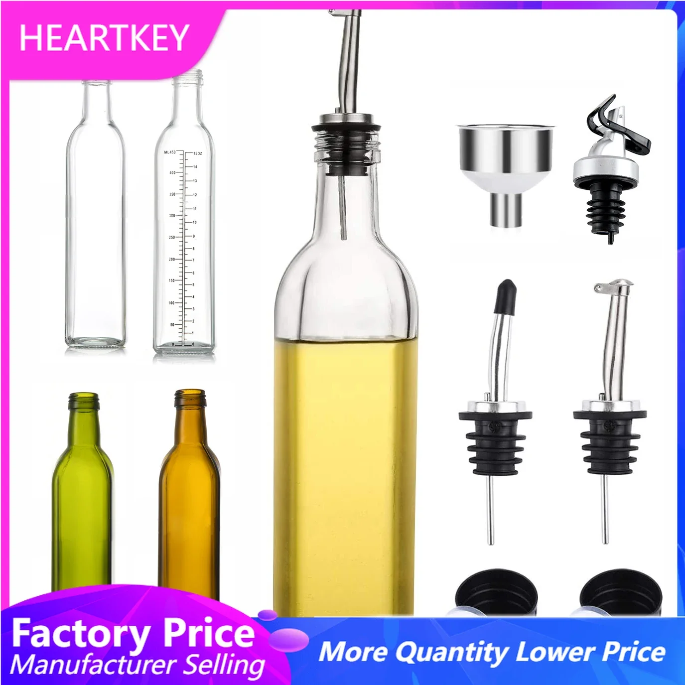 Olive Oil Dispenser Set 500ml Vinegar Cruet Carafe Decanter Measure Glass Cooking Container Oil Dispenser Bottle with Pourer