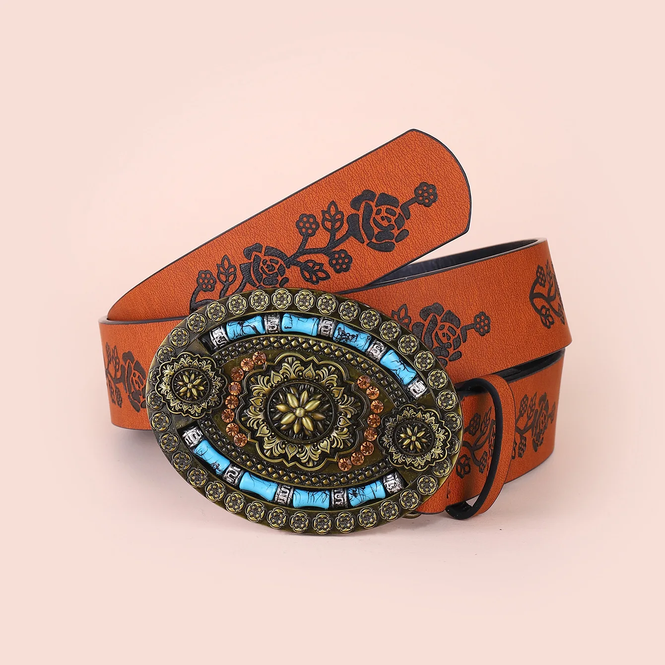 

Bohemian carved ethnic style belt with printed patterns and imitation leather belt decoration alloy plate buckle