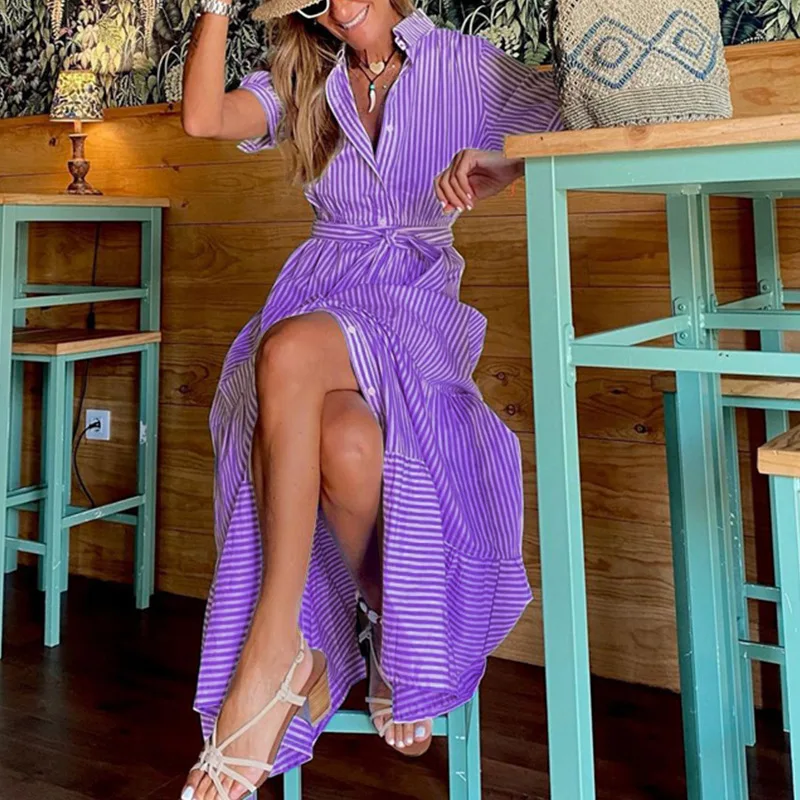 Women Blue Striped Maxi Dress Short Sleeve Lace Up Ruffles Hem Streetwear  Boho Vacation Office Lady Dresses Summer Robes Vestido - AliExpress  200000345