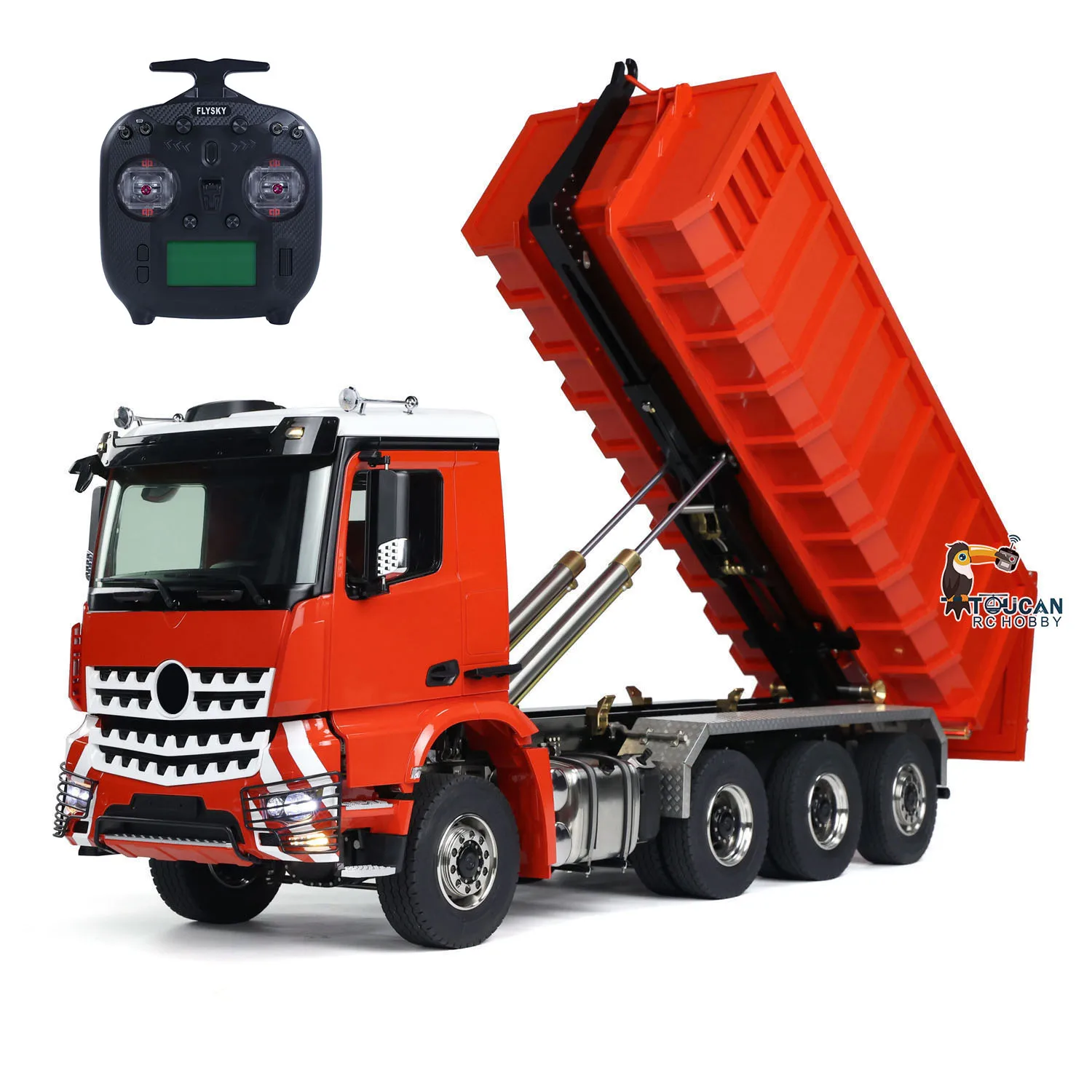 Toucan Metal 1/14 RC Hydraulic Dumper 8x8 Roll Off Dump Truck 3363 Rear Axle Steering Remote Control Tipper Light Sound System 2