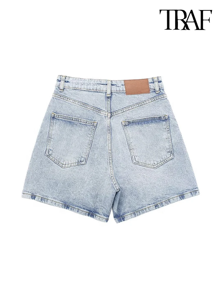 TRAFZA Women's Blue High Waist Denim Shorts Button Closure Jeans Summer Casual Comfortable Shorts Fashion Vintage Women's Pants