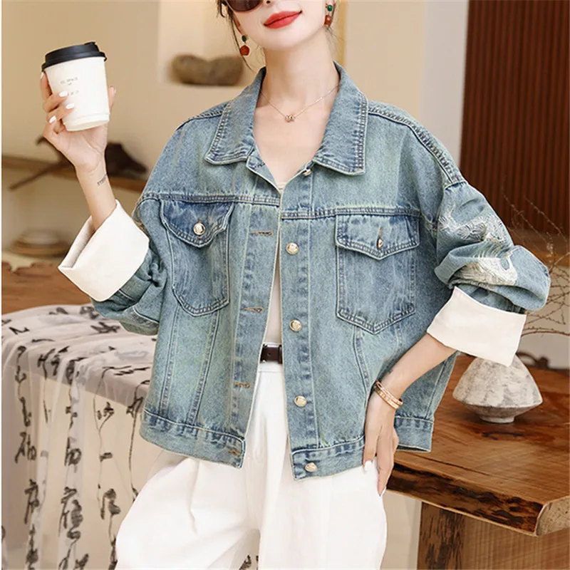 

Spring Women Vintage Embroidery Blue Short Denim Jacket Casual Lapel Single-breasted Contrast Color Long Sleeve Cowboy Outerwear